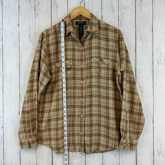 Lauren Ralph Lauren Plaid Linen Roll Up Buckle Sleeve Button-Down Size Medium - Picture 15 of 16